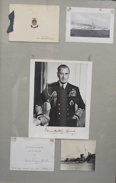 Lord Mountbatten interest; a signed portrait photograph, framed together with a Christmas card signed Louis Mountbatten with a personal note to the recipient; ‘Sorry you missed our last battle’, two naval photographs and